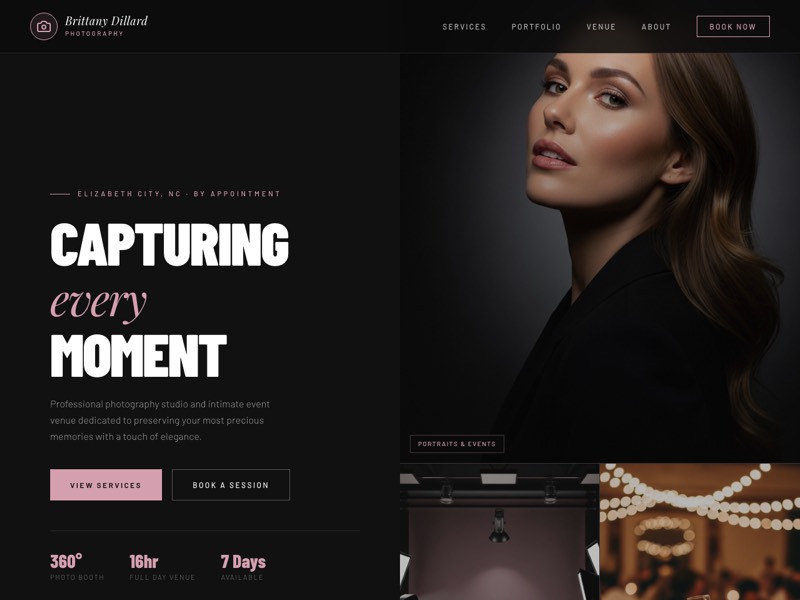 Brittany Dillard Photography portfolio site with studio portrait