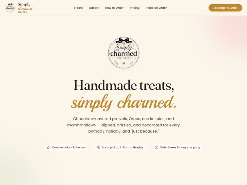 Simply Charmed Sweets bakery site — Handmade treats, simply charmed